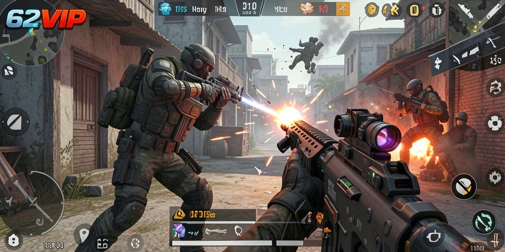 Gameplay mendebarkan dari 62VIP dengan aksi tembak-menembak yang intens.