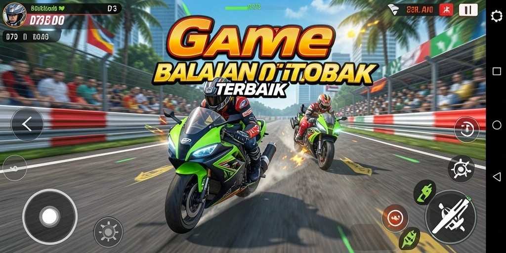 Screenshot D73 menampilkan aksi balapan motor yang seru.