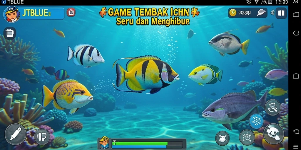 Tampilan gameplay JTBLUE dengan aksi menembak ikan yang seru.